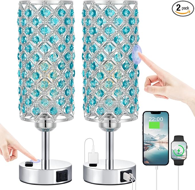 Hong-in Blue Crystal Lamp Touch Control Set of 2, Crystal Table Lamps with USB C+A Ports & AC Outlet, 3-Way Dimmable Nightstand Touch Lamp, Modern Bedside Table Lamp for Bedroom(Bulbs Included)