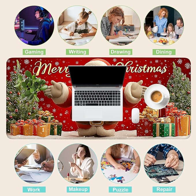 Desk Mat, XXL Extended Gaming Pad for Desktop, 35x16 Inches Jolly Santa with Tree, Large Non-Slip Vegan Leather Surface with Stitched Edges, Keyboard Mouse Mat for Home Office