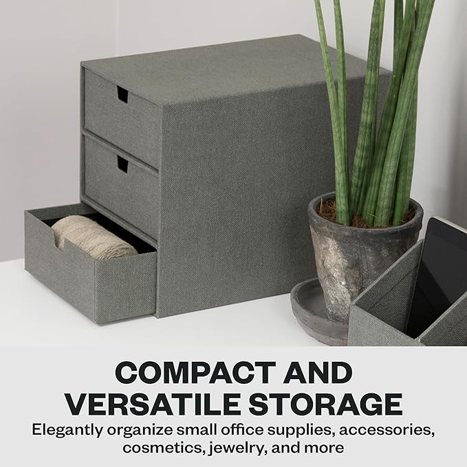 Bigso Box of Sweden Ingrid 3-Drawer Canvas Fiberboard Desk Organizer for Office Supplies and Accessories - Stackable Makeup Drawer Organizer - 6.3in x 9.9in x 8.1in - Grey (Pack of 2)