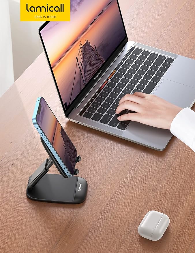 Lamicall Cell Phone Stand for Desk - [Height Adjustable] Foldable Mobile Phone Holder, Portable Stand for iPhone 17 16 15 14 13 12 11 Pro Max Plus Air, Galaxy S25, Telephone, Office Gift Accessories