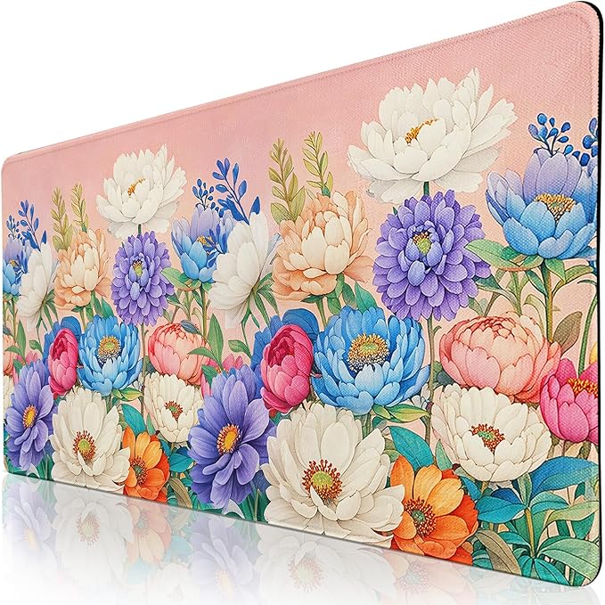 Desk Pad Peony Flowers, Desk Matt for Desktop Women Girls Floral Gaming Mouse pad Extend XXL Large Anti-Slip with Stitched Edges Waterproof Computer Laptop Keyboard Mat for Gaming, Home, Work, Office