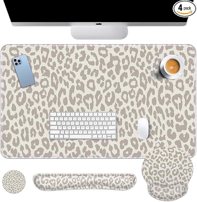 Arttown Leopard Light Khaki Desk Mat Animal Skin Mouse Pad Set 4 in 1 Ergonomic Design Large Desk Pad + Keyboard Wrist Rest + Mouse Wrist Rest + Coaster Suitable for Home Office Study Game