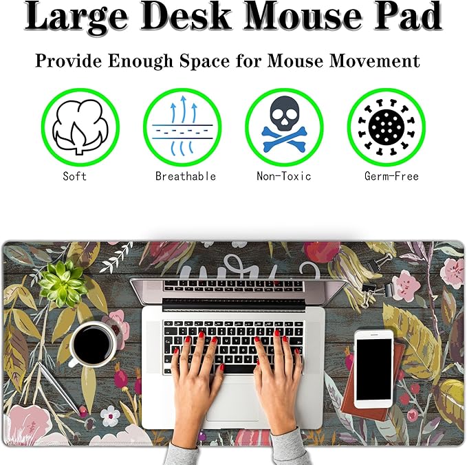 Computer Mats Floral Work Desk Mat Gaming Mouse Pad Large Mousepads Table Extender Waterproof Non-Slip Rubber Base 35.4 X 15.7 for Game Office, Motivation Quote You Got This