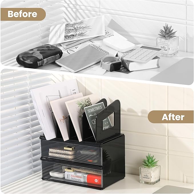 Black Acrylic Desk Organizer with Drawer & File Holder, Stackable Modular Storage System, Multi-Layer Desktop Organizer, Space Saving Office Desk Organizer for Home & Work