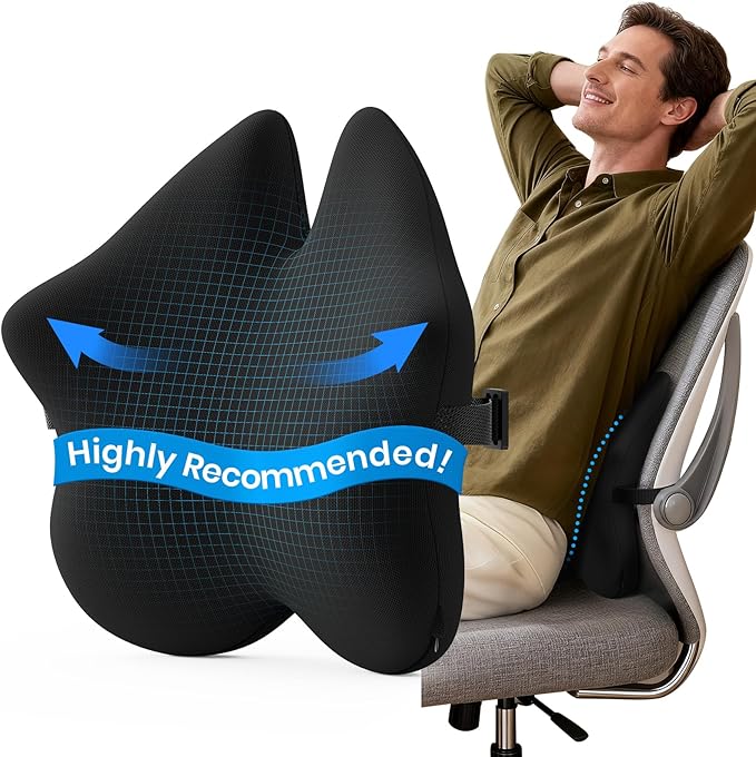 Benazcap Lumbar Pillow, Back Support for Office Chair, Car Seat, Sofa, Travel, Ergonomic Multi-Region Memory Foam & Adjustable Straps, Lower Back Support and Improved Posture Effectively, Black