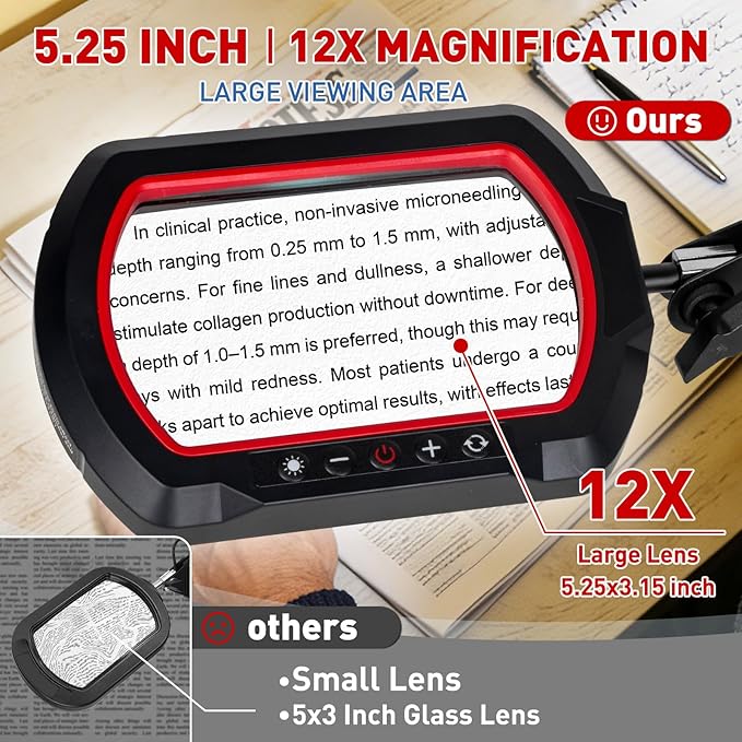 HITTI 12X Square Magnifying Glass with Light and Clamp, Ultra Long LED Desk Lamp with 5 Colors & Stepless Dimming | Hands-Free Workbench Lighted Magnifier Stand for Crafting, Repair,Painting- Red
