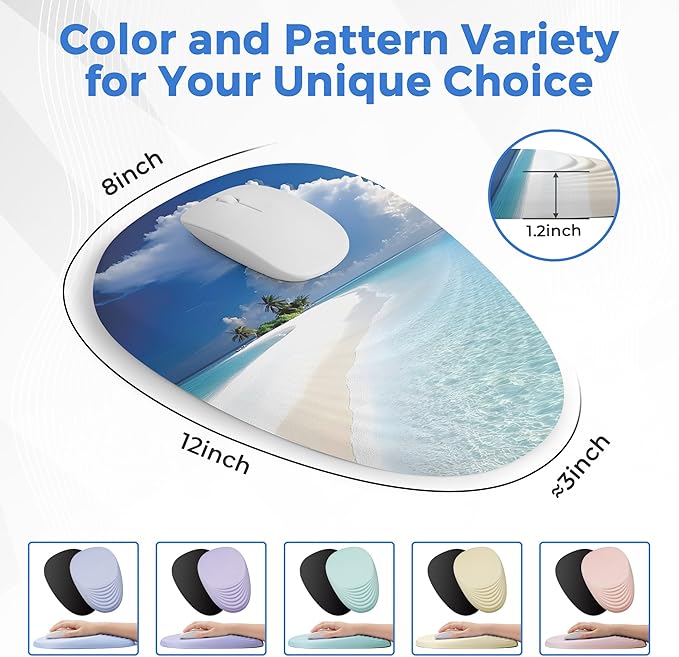 Ergonomic Mouse Pad with Wrist Support, Memory Foam Wrist Rest for Pain Relief & Carpal Tunnel, Non-Slip Base for Office, Computer, PC, Laptop (12x8x1.2inch, Maldive Beach)