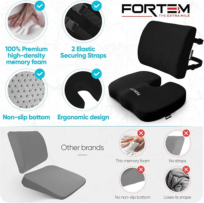 FORTEM Seat Cushion, Office Chair Cushion, Lumbar Support Pillow for Office Chair, Memory Foam Ergonomic Coccyx & Lumbar Support, Car Sitting Pad, Washable Non Slip