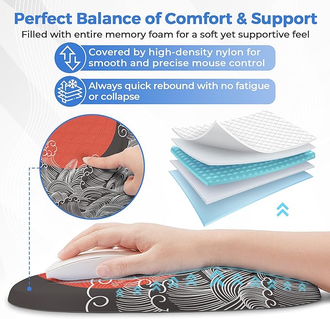 Ergonomic Mouse Pad with Wrist Support, Memory Foam Wrist Rest for Pain Relief & Carpal Tunnel, Non-Slip Base for Office, Computer, PC, Laptop (12x8x1.2inch, Japanese Sunrise)