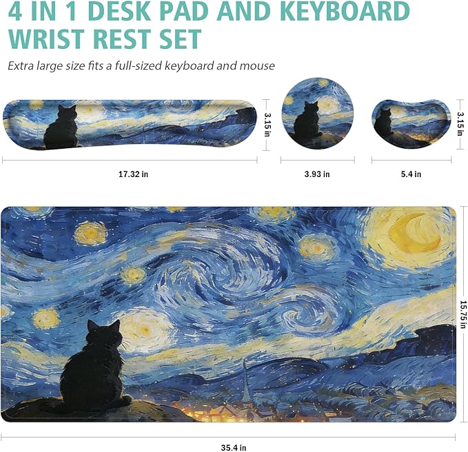 Mouse Pad Set Large Desk,Keyboard Mouse Pad Anime Mousepad with Non-Slip Base and Stitched Edge Mouse Mat Desk Pad 35.4 x 15.7 Mouse Pads for Desk Home Office (Sky Cat)
