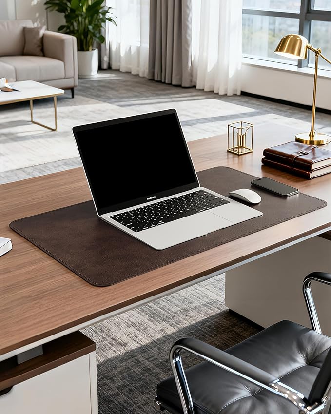 YSAGi Genuine Leather Desk Mat, 23.6"x13.8" Office Desk Pad, Thick Desk Pad Mat with Stitched Line, Non-Slip Desk Mat with Rubber Base (Dark Brown, 23.6"x13.8")