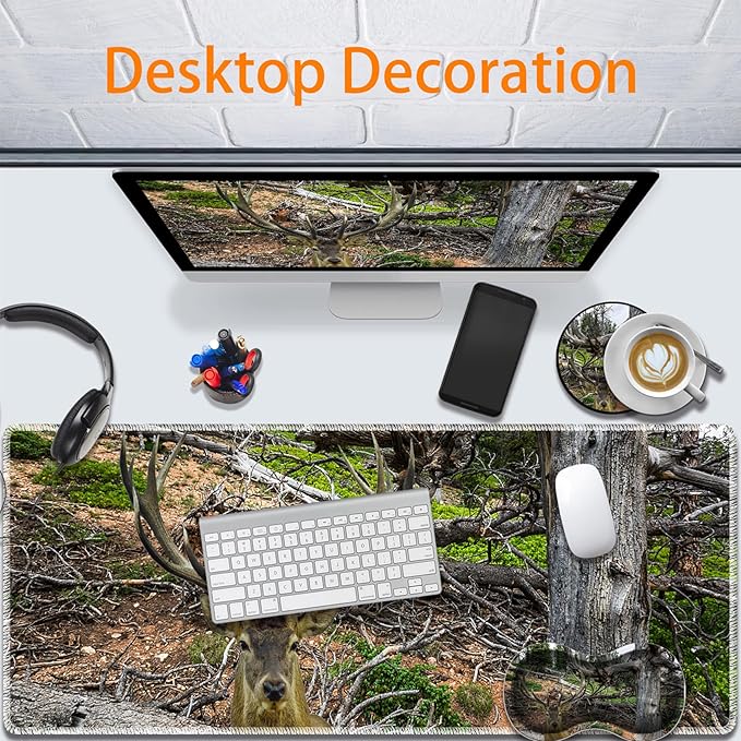 Durable Desk Mat + Wrist Rest Pad + Coasters Set, Large Gaming Office Mouse Pad 31.5 "x 11.8", Extended Non-Slip Rubber Keyboard Pad, Laptop & Home, Camouflage Giraffe