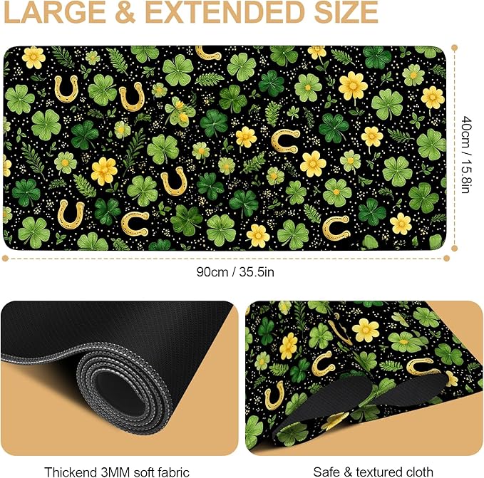 Large Mouse Pad & Keyboard Mat 35x16 Inches, Fresh Clover and Golden Horseshoe Meadow Non-Slip Rubber Base Desk Mat, Large Extended Desk Protector for Home Office Gaming Setup