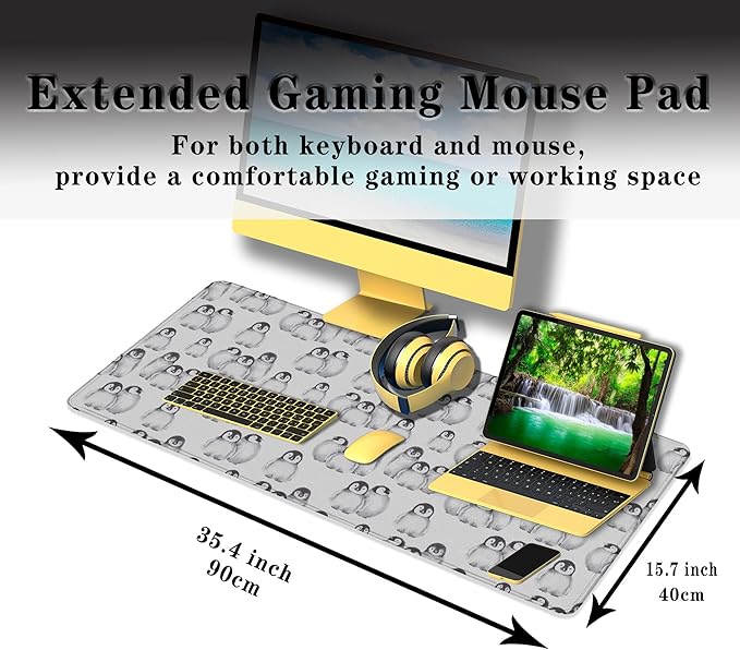 Gaming Mouse Pad White, Big Mouse Pads Office Desk Pad, XXL Mousepad Non-Slip Rubber Base Waterproof with Stitched Edges, 35.4 X 15.7 inch for Work/Game/Office/Home Little Penguin Isolated