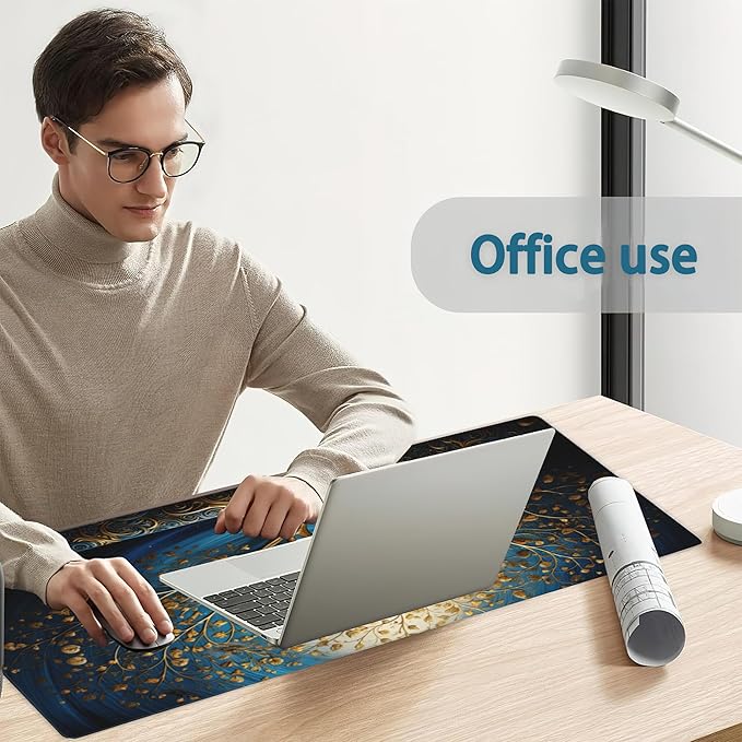 Desk Mat, Blue Golden Tree and Waves Extended Gaming Mouse Pad Large, 31.5"x15.7" 3D Modern Art Landscape Mouse Pad with Non-Slip Base and Stitched Edge,Computer Keyboard Mouse Mat for Home Office