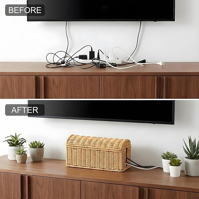 Handwoven Rattan Cable Management Box - Box to Hide Cords and Power Strip, Treasure-Box Dome-Top, Metal Baked Enamel Skeleton, Decorative Home Organizer