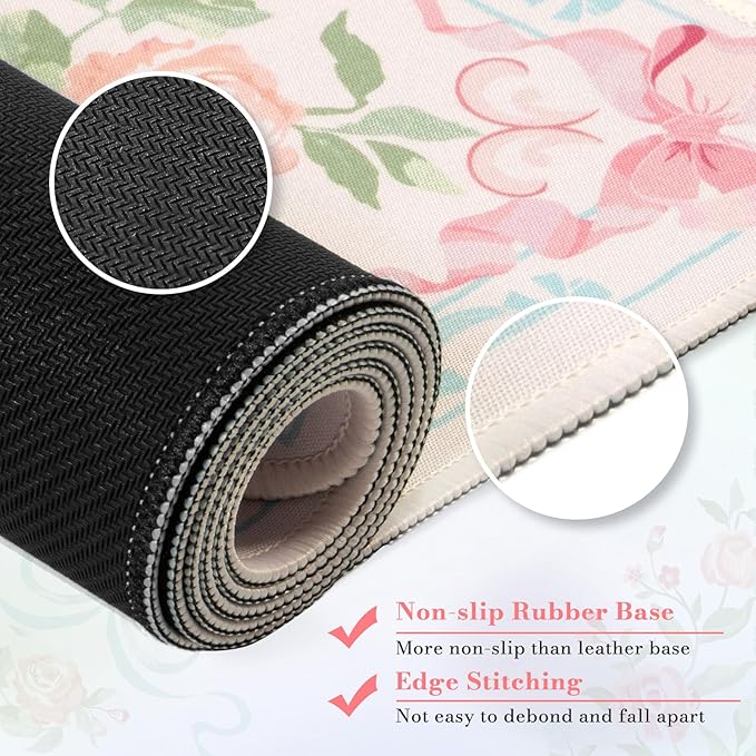 HAOCOO Blue Desk Mat, Cute Bow Keyboard Mat, Floral Desk Mouse Pad for Women, 35.4" x 15.7" Non-Slip Waterproof Desk Pad, Computer Mat with Edge Stitching for Office, Home Desk Cover