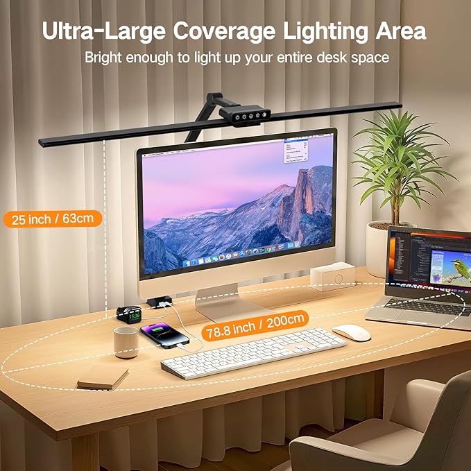 OUTON 29.5" LED Desk Lamp with Clamp for Home Office, 24W Eye-Caring Architect Desk Lamp for Dual Monitors, USB-C & USB-A Ports, Remote & Touch Control, 5 Color Temperatures, Stepless Dimming