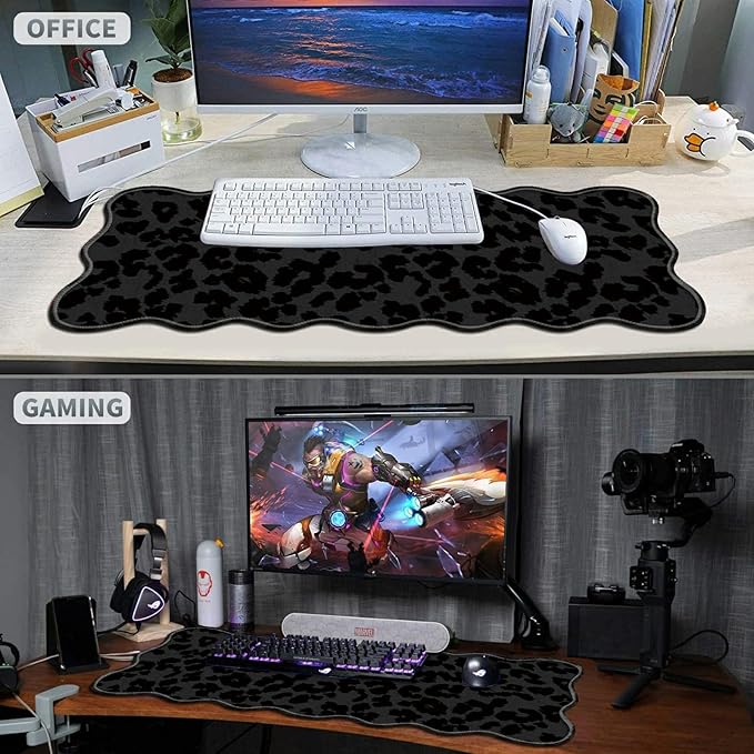 Black Leopards Large Gaming Mouse Pad Plus a Coaster, 31.5 x 11.8 inches Desk Mat Extended XL Mousepad with Stitched Edge Non-Slip Rubber, Desk Pad Computer Mouse Mat for Home Office