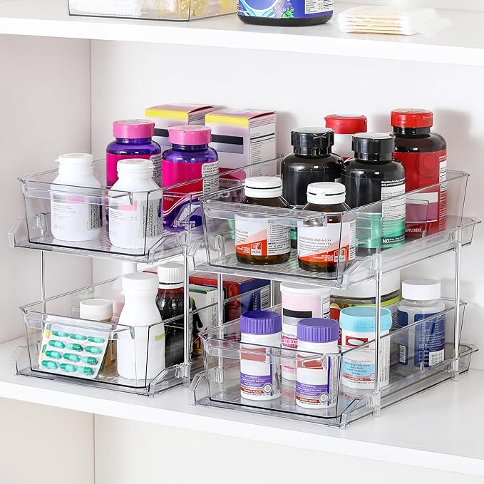 2 Set, 2 Tier Clear Organizer with Dividers for Cabinet, Shlef, Counter - MultiUse Slide-Out Storage Container - Kitchen, Pantry, Medicine Cupboard Bins, Bathroom, Vanity Makeup, Under Sink Organizing