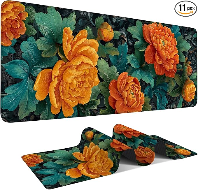 Retro Flower Spring Extended Gaming Mouse Pad 31.5x11.8inches Large Desk Mat Anti-Slip Rubber Base & Durable Stitched Edges for Gamers Smooth Mouse Writing Surface for Desk Office/Home