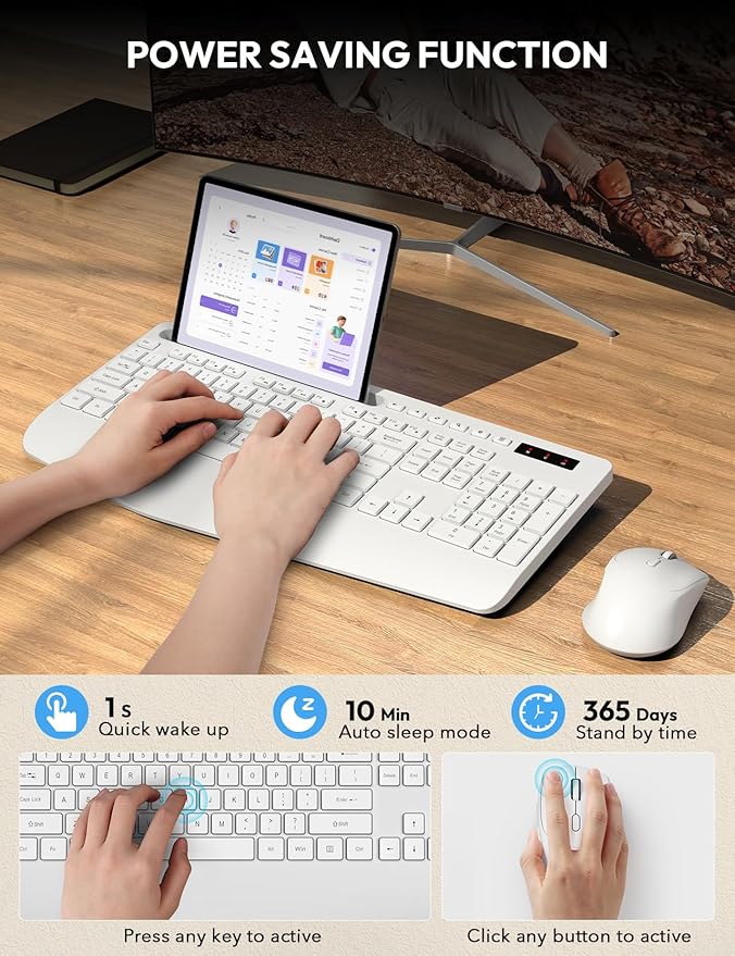 Wireless Keyboard and Mouse, Wrist Rest, Phone Holder, 2.4G Lag-Free Ergonomic Keyboards Mouse Combo, KM23D Silent Keyboards Set for Computer, Laptop, PC, Windows, White -SABLUTE