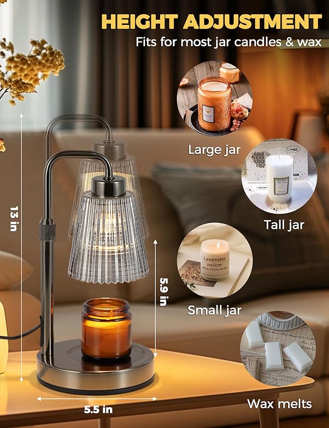 Candle Warmer Lamp with Timer, Adjustable Height Candle Warmer, Dimmable, Home Decor, Wax Warmer Lamp for Jar Candles with 2 Bulbs, Gray