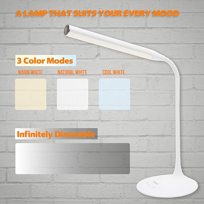 DAC LED Desk Lamp, Eye Care Table Lamp, 360 Degree Flexible Gooseneck, Continuously Dimmable, 3 Color Modes, Touch-Sensitive Control Panel, 40-Minute Auto Shut-Off Timer, White, 6W