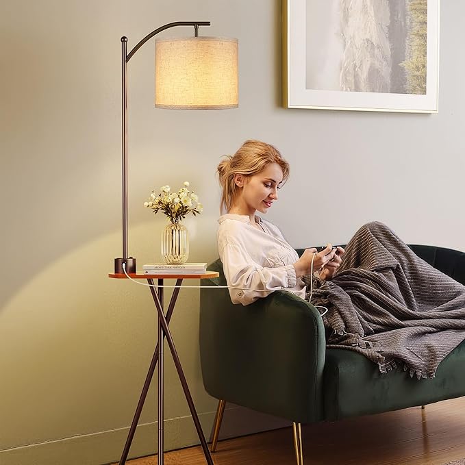 ROTTOGOON Floor Lamp with Table, End Table Lamp with Remote Control and Charging Station(USB & Type-C & AC Port), 4 Color Temperatures, Floor Lamps for Living Room, Bedroom and Home Office,Brown