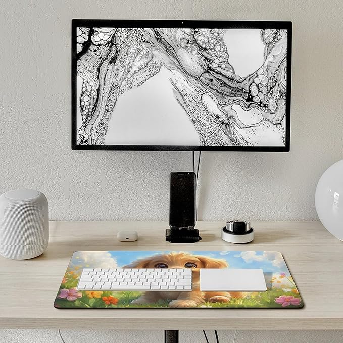 Large Ergonomic Gaming Mouse Pad Happy Puppy in Sunny Field - Lovable Dog Theme with Non-Slip Base Water-Resistant Surface and Stitched Edges 40X75cm