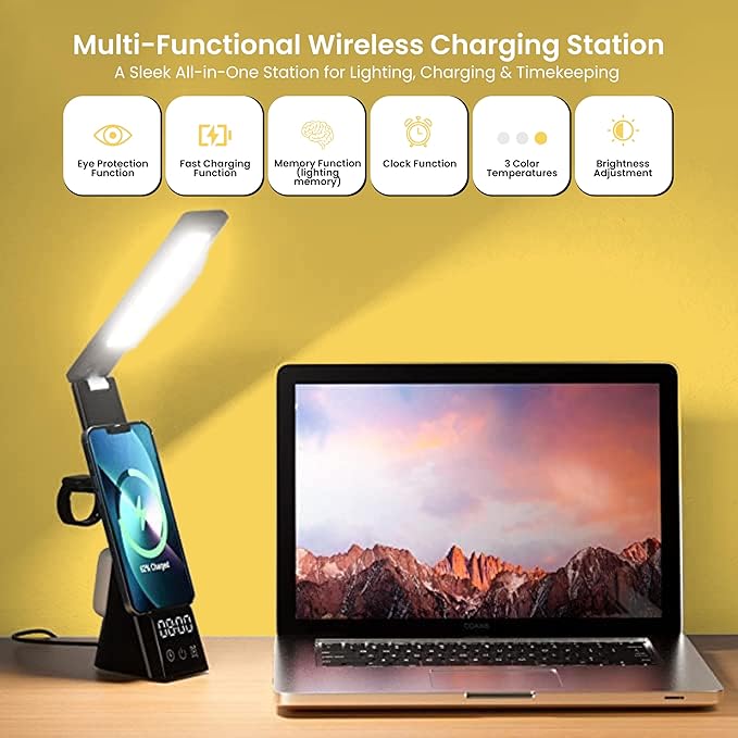 LumiCharge Charging Station with Clock - Lumi Mini 7-in-1 Multifunctional Desk Lamp with Wireless Charger Alarm and Smart Clock Display, Space Saver 10W Dimmable Lamp with Charger for Multiple Devices