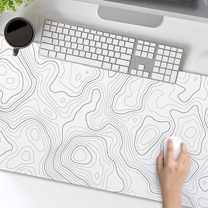 aportt Topographic Map Large Mouse Pad XXL White Lines Contour Geographic Extended Desk Mat Big 90X40 CM Non-Slip Rubber Base Stitched Edge Long Mousepad,35.4 x 15.7 Inch