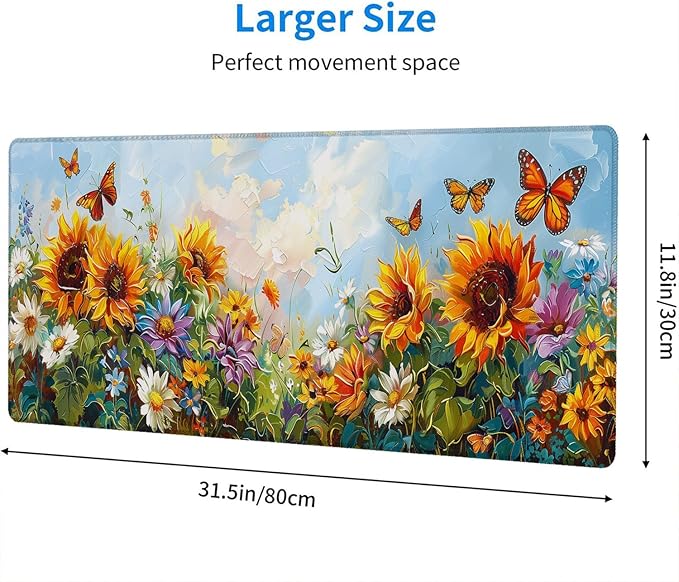 Sunflowers Butterfly Desk Mat Summer Flower Garden Mousepad XL Large Gaming Mouse Pad Laptop Keyboard Mat Desk Pad 31.5"x11.8" Office Home Decor for Women Girl