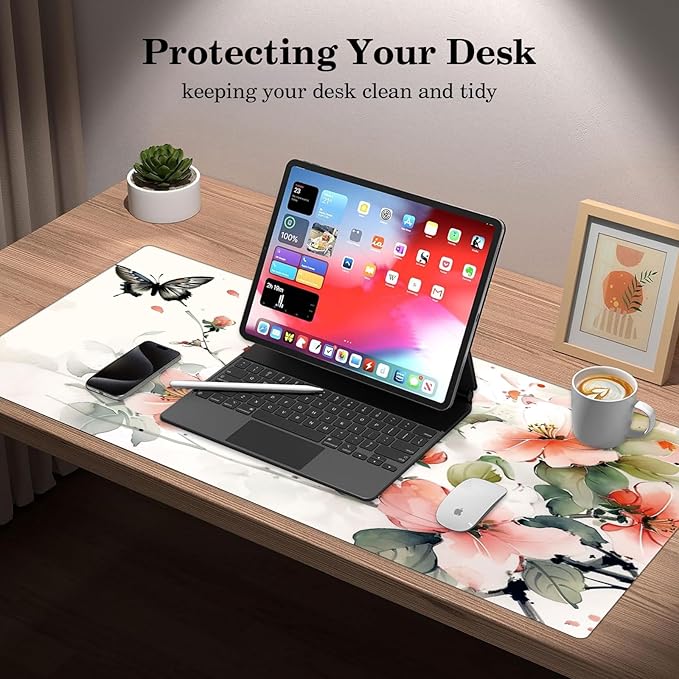 Flower and Butterfly Desk Protector, Stitched Edges Mouse Mat, Large Office Mat, Non-Slip Blotter, Laptop Pad, Writing Pad for Office and Home (31.5" x 15.7")