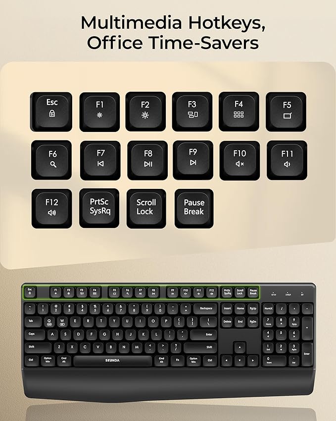 seenda Wireless Bluetooth Keyboard and Mouse Combo, COE200 Ergonomic Wireless Keyboard Mouse with Wrist Rest, Multi-Device Connection, Full-Size, Compatible for Computer/Laptop/Mac/MacBook, Black