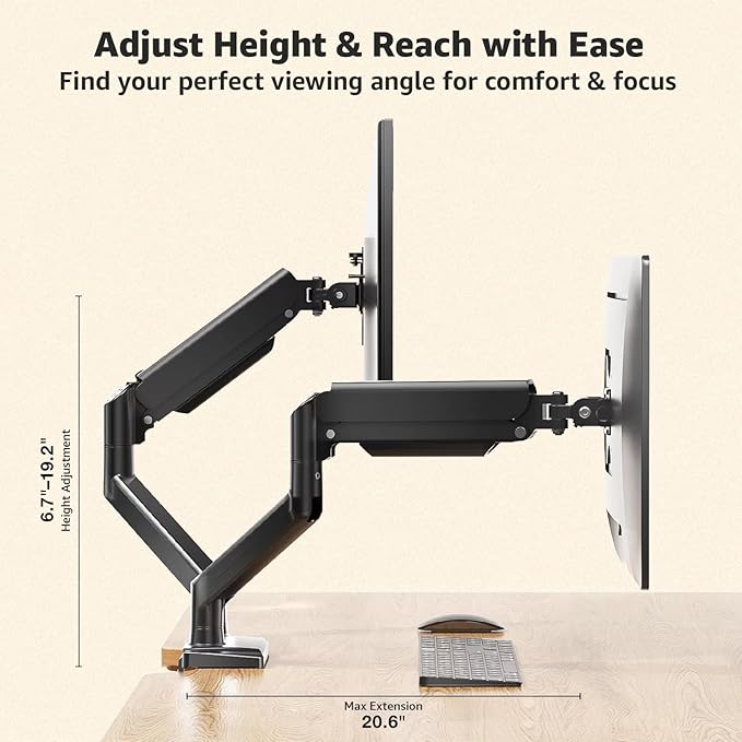 Dual Monitor Arm Desk Mount – Adjustable Gas Spring Monitor Stand for 13”–34” Screens, Full Motion Swivel, Tilt & Rotation, Heavy Duty VESA Mount for Gaming, Programming, and Office Setup