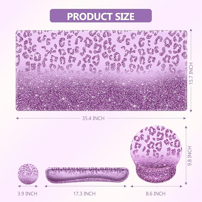 iLeadon Mouse Pad Set, Desk Mat + Mouse Pad with Wrist Rest + Keyboard Wrist Rest + Coaster, 4in1 Large Gaming Mouse Pad Glitter Leopard Mouse and Keyboard Pad Set for Home Office, Purple