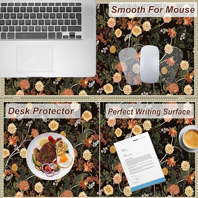 Desk Pad, ZAXOXAZ PU Leather Desk Pad Protector, 31.5" x 15.7" XXL Large Extended Flowers Mouse Pad, Big Desk Mat Floral Desk Blotter, Waterproof Desk Writing Pad for Office and Home