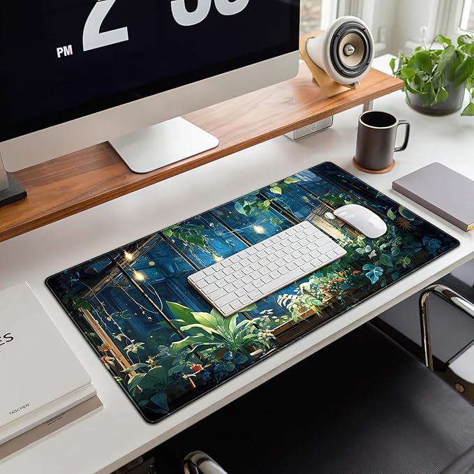Plant Desk Mat Green Big Mouse Pad Large Gaming Mousepad Extended Keyboard Pad City View Aesthetic Desk Pad XXL Mouse Mat 31.5''X15.7'' Office Decor Cute Desk Accessories for Women