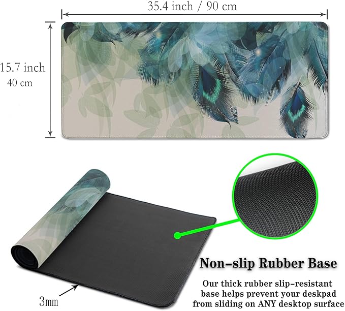 Gaming Mouse Pad Navy Desk Mat Large Desk Pads Mens Office Accessories Pad for Table Non-Slip Rubber Base Waterproof with Stitched Edges 35.4" X 15.7" for Game Office, Peacock Feather