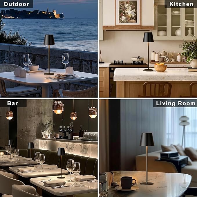 Pack of 2 Dimmable LED Battery Table Lamps, Touch Wireless Table Lamp with USB-C, Metal LED Rechargeable Battery Table Lamp for Outdoor and Indoor, Aluminium, IP44 Waterproof, 5600 mAh, 5 W, Black