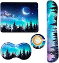 AIMSA Keyboard Wrist Rest Support + Mouse Pad + Mouse Wrist Rest + Coaster, Ergonomic Memory Foam Anti-Slip Rubber Base 4 PCS Set Easy Typing Pain Relief, Forest Moon Sky