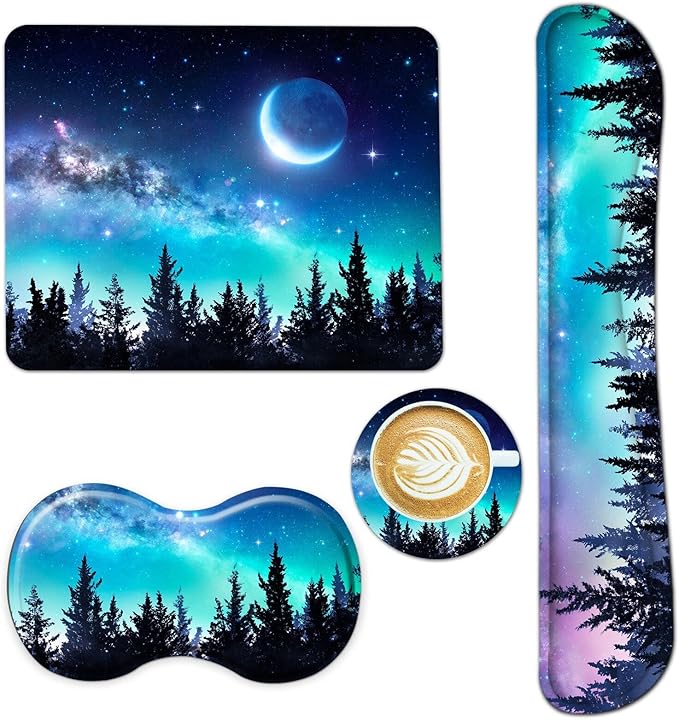 AIMSA Keyboard Wrist Rest Support + Mouse Pad + Mouse Wrist Rest + Coaster, Ergonomic Memory Foam Anti-Slip Rubber Base 4 PCS Set Easy Typing Pain Relief, Forest Moon Sky