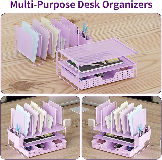 Desk Organizer, Office Organization with Vertical File Holder, File Organizer with Drawer and Pen Holder, Desk Accessories and Workspace Organizers for Home Office (Purple)