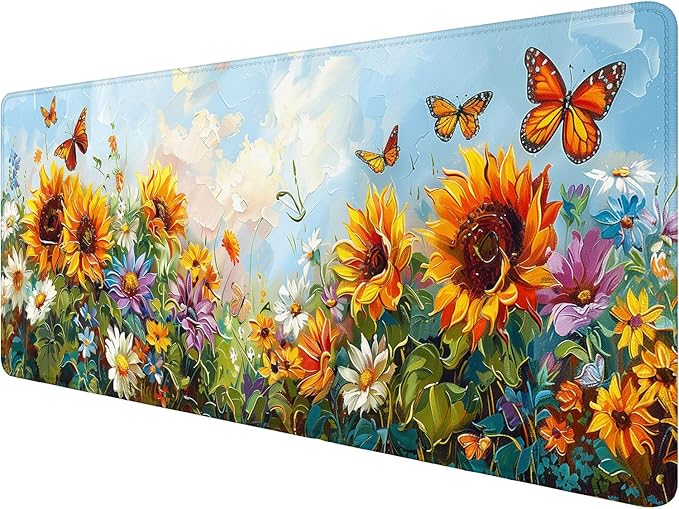 Sunflowers Butterfly Desk Mat Summer Flower Garden Mousepad XL Large Gaming Mouse Pad Laptop Keyboard Mat Desk Pad 31.5"x11.8" Office Home Decor for Women Girl
