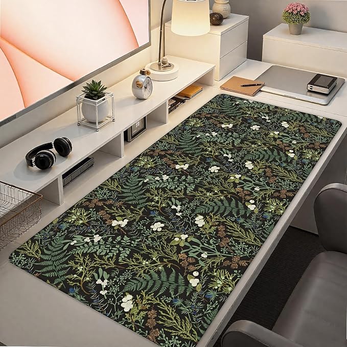 Dark Green Plant Large Mouse Pad 31.5x15.7inch, Vintage Green Fern Leaves Botanical Cottagecore Mouse Pads for Wireless Mouse Computers Laptop Desk Accessories, Plant Desk Accessories