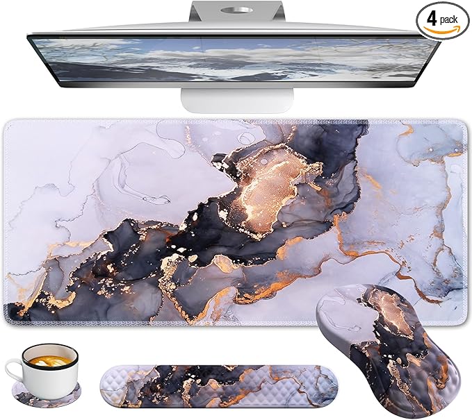 Desk Pad Mat, Large Mouse Pad with Wrist Rest, Ergonomic Keyboard Wrist Support, XXL Mousepad Set with Coaster, Computer Keyboard Matt for Laptop Desktop, White Gray Marble