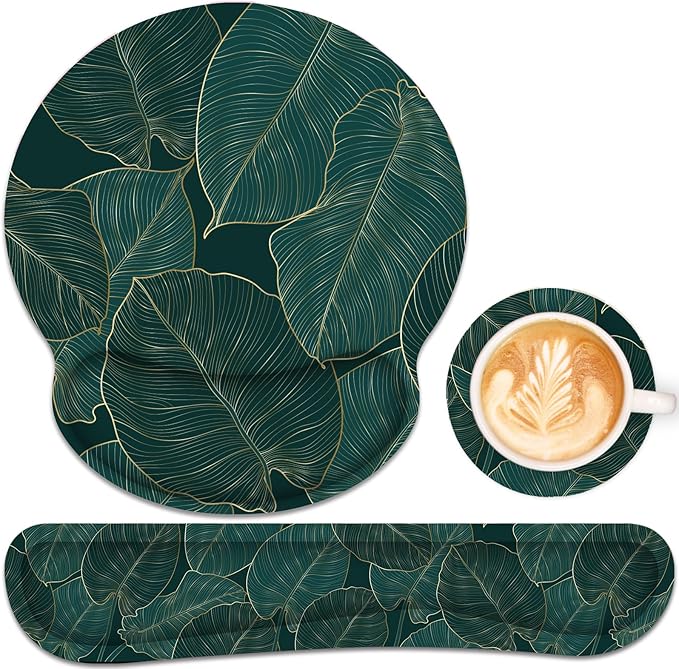 Ergonomic Mouse Pad with Wrist Rest and Keyboard Wrist Rest, Mousepad and Wrist Rest for Computer Keyboard, Non-Slip Base, Mouse Pad Wrist Support for Gaming, Office, Green Palm Leaf