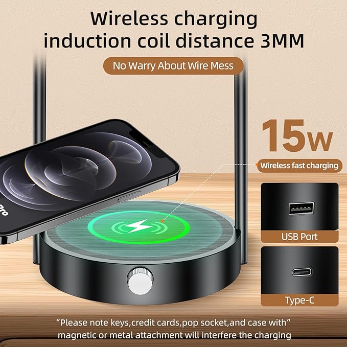 Koopala 15W Wireless Charging Bedside LED Table Lamps Set of 2, Modern Small Nightstand Lights with Type-C&USB-Port, Dimmable Night Desk Lamp for Reading Bedroom Dinner Living Room Home Office-Black