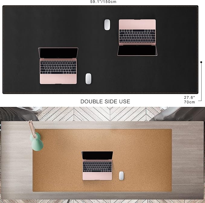 MAIDERN 59”x 27.5” Leather Desk Mat XL, Large Desk Pad, Reversible Cork & Leather Large Mouse pad for Desk, Waterproof Computer Desk Mat for Gaming Home Office (Black)